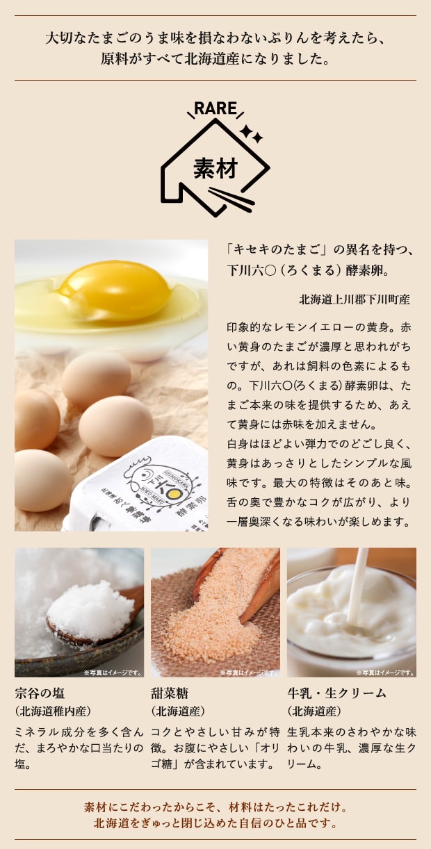 大切なたまごのうま味を損なわないぷりんを考えたら、原料がすべて北海道産になりました。