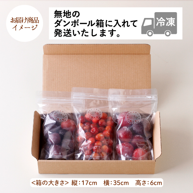 果樹園の3種の冷凍果実セット（計1.4kg）のお届け商品イメージ