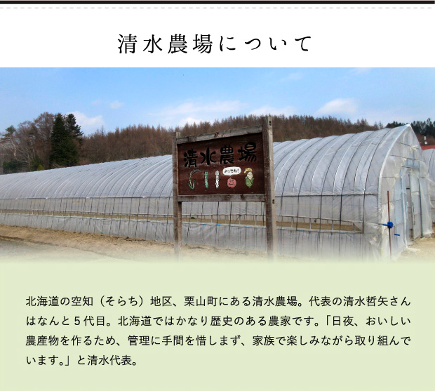 清水農場について 北海道の空知地区、栗山町にある清水農場。代表の清水哲矢さんはなんと5代目。北海道ではかなり歴史のある農家です。「日夜、おいしい農産物を作るため、管理に手間を惜しまず、家族で楽しみながら取り組んでいます。」と清水代表。
